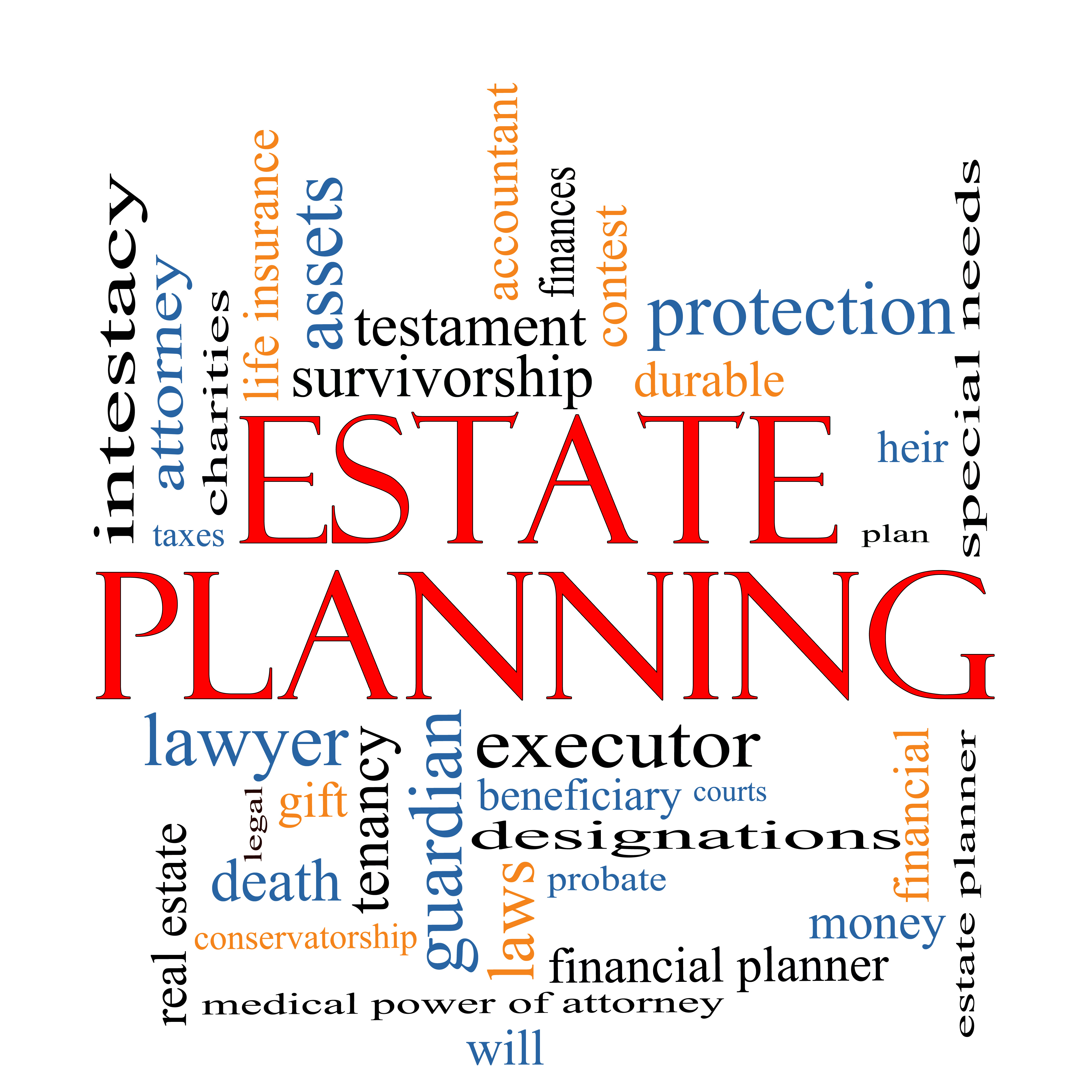Estate Planning Word Cloud Concept with great terms such as , tenancy, durable, will, financials, lawyer, executor, probate and more.